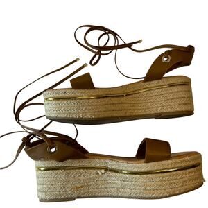 Bleeker and Bond Womens 9.5 Leather Espadrilles Camel Brown Gold Ankle Tie Beach